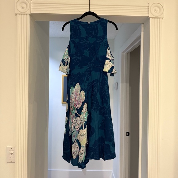 Maeve Anthropologie Floral Cold Shoulder Teal Midi Length Dress Sz 4 Modest - Picture 7 of 14